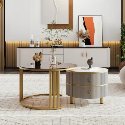 Tavolino 2-in-1 in MDF con Piano Lucido e Piano in Vetro Temperato Marrone, Grigio