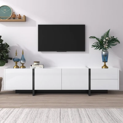 Mueble TV Bajo con Panel y Patas en Bloques de Color Brillante en Blanco y Negro con Puertas y Cajones Diseño Lineal Blanco