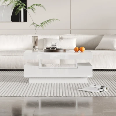 Tavolino da Salotto con Striscia LED e Cassetti, Bianco