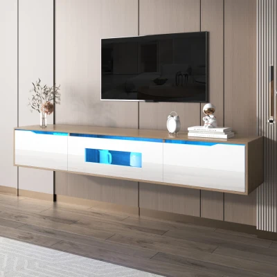 Móvel de TV Moderno em Branco Brilhante e Madeira e Iluminação LED com Mudança de Cor 180x35x30 cm Branco