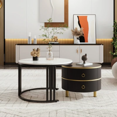 Tavolino 2-in-1 in MDF con Piano Lucido e Piano in Marmo Bianco, Nero