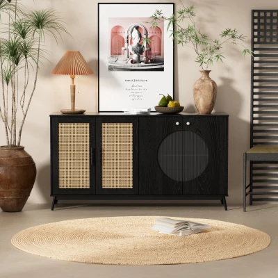 Credenza con Porte in Vetro di Rattan, Nero