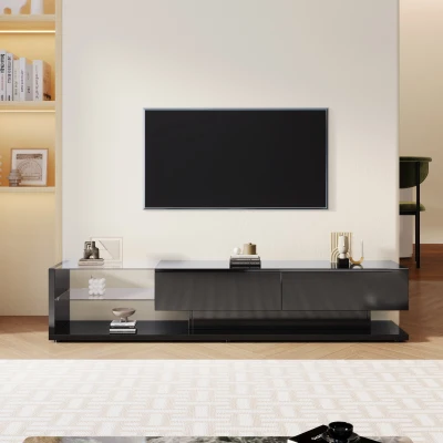 Mobile TV in Nero lucido con ripiani in vetro und Illuminazione a LED, Nero