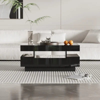 Mesa de Centro con Tira Led Integrada 4 Cajones Frontales y Traseros Negro