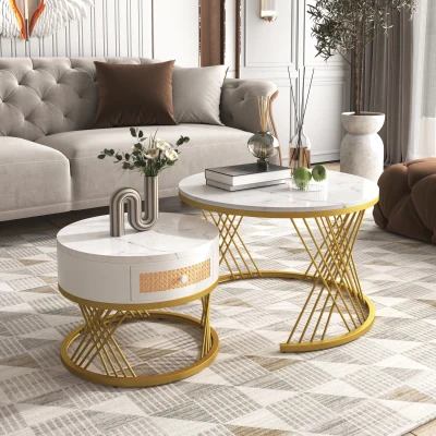 Tavolino da Salotto Rotondo 2 in 1 in MDF, Bianco