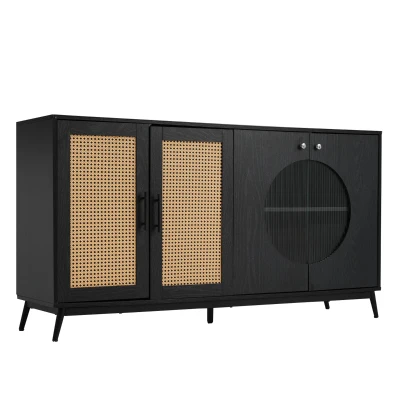 Credenza con Porte in Vetro di Rattan, Nero