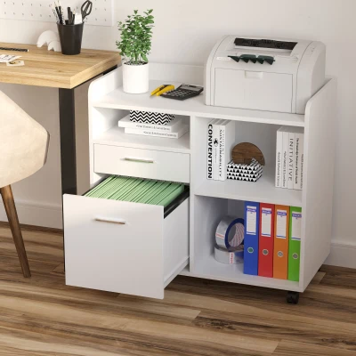 Vinsetto Armário para Impressora com 3 Compartimentos 2 Gavetas para Arquivos Prateleira Ajustável 2 Rodas com Freios 80x40x72 cm Branco