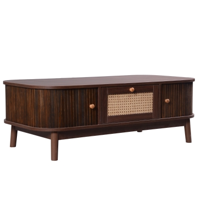 Tavolino da Salotto in Rattan con Cassetti e Ante in Listelli di Legno Massello, Legno Naturale