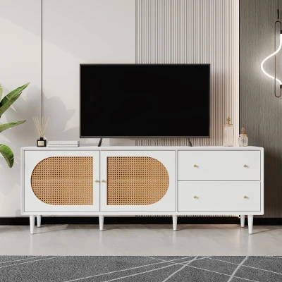 Mobile TV in Rattan con 2 Cassetti e Ampio Spazio Interno, Bianco