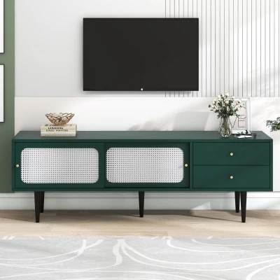 Mueble TV con Puertas Correderas en Ratán Blanco 2 Cajones y 4 Estantes Regulables Verde
