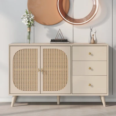 Credenza Moderna con 2 Ante in Rattan e 3 Cassetti, Bianco