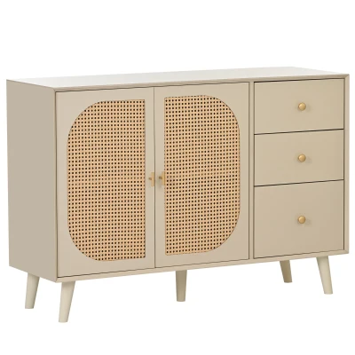 Credenza Moderna con 2 Ante in Rattan e 3 Cassetti, Bianco