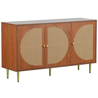 Credenza Elegante con 3 Porte in Rattan e Maniglie in Metallo, Colore noce