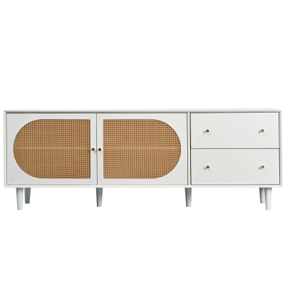 Mobile TV in Rattan con 2 Cassetti e Ampio Spazio Interno, Bianco