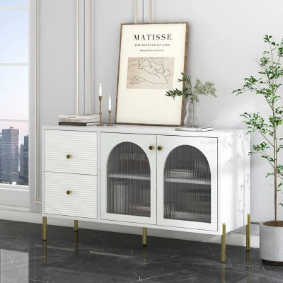 Credenza Elegante Ripiani Regolabili e Piano d'appoggio effetto Marmo, Bianco
