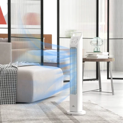 HOMCOM Tower Fan, Electric Cooling Fan with Remote, 75° Oscillating, 3 Speed 3 Modes, 7.5H Timer, Quiet Standing Bladeless for Bedroom Office, White