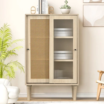 Credenza Moderna con Ante Scorrevoli in Vetro e Rattan Sintetico, Quercia