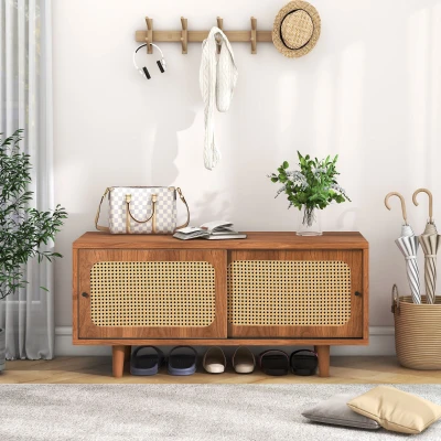 Mobile Portascarpe in Rattan con 2 Ante e Ripiani Regolabili, color Noce