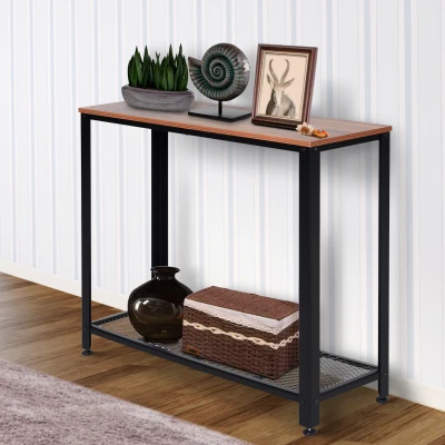 HOMCOM Mesa Consola Industrial Mesa de Entrada com Prateleira Inferior de Malha Metálica Carga 30 kg 101x35x80cm Marrom e Preto