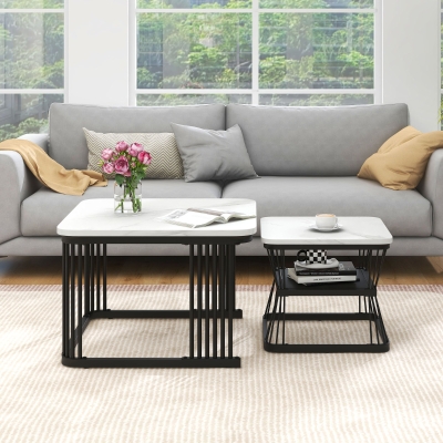 Juego de 2 Mesas Auxiliares Modernas de Pvc Efecto Mármol Blanco y Negro