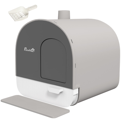 PawHut Kuweta z pokrywą, łopatką, matą na żwirek, plastik, szara/czarna