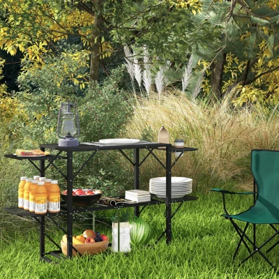 Outsunny Campingtafel Picknicktafel Buitenkeukenkast, Opvouwbaar, Weerbestendig, 126 cm x 44 cm x 80 cm, Zwart