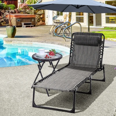 Outsunny Portable Sun Lounger, Folding Camping Bed Cot, Reclining Lounge Chair 5-position Adjustable Backrest with Side Pocket, Pillow for Patio Garden Beach Pool, Mixed Grey