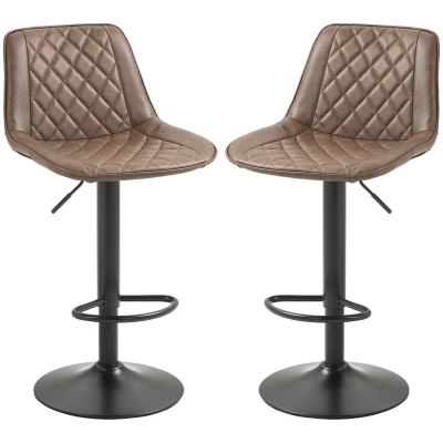 HOMCOM Bar Stools Set of 2, Retro Adjustable Kitchen Stool, Swivel PU Leather Upholstered Bar Chairs with Back, Footrest and Steel Base, Brown