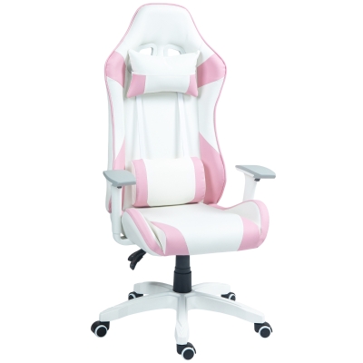 HOMCOM Fotel Gamingowy, Design Racingowy, Regulowany Kąt Nachylenia, Wysokość, Skóra Ekologiczna, 67Sz x 60G x 120-128W cm, Różowy/Biały