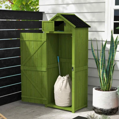 Outsunny Wooden Garden Shed, Utility Outdoor Small Shed with Lockable Double Doors, Shelves and Roof Hatch, Dark Green