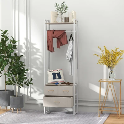 HOMCOM Suporte para Cabides com 3 Gavetas de Tecido Barra para Pendurar e Prateleira para Entrada Quarto 58,5x30x178 cm Natural