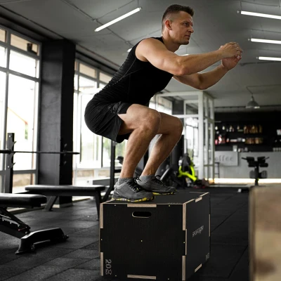 Box Jump Pliometric cu 3 Înălțimi din Lemn Anti-Alunecare 76-61-51cm, Negru