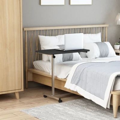 HOMCOM Mesa Auxiliar com Rodas Mesa para Sofá ou Cama com Altura Ajustável e Estrutura de Metal 77x40x76-100 cm Preto e Prata