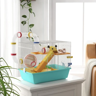 PawHut Gaiola para Hamsters com Túnel Plataformas Comedouro Bebedouro Casinha Rampas e Roda de Exercício 45x28x37 cm Azul Claro