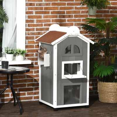 PawHut Casa para Gatos de Madeira 59x55x109 cm Abrigo para Gatos de 3 Níveis com Telhado Asfáltico Plataformas Escada e Varanda Cinza