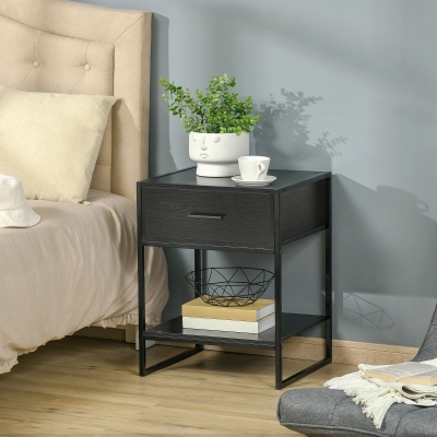 HOMCOM Mesa de Cabeceira Mesa Auxiliar com 1 Gaveta e Prateleira de Armazenamento Estilo Moderno para Quarto 45x40x60cm Preto