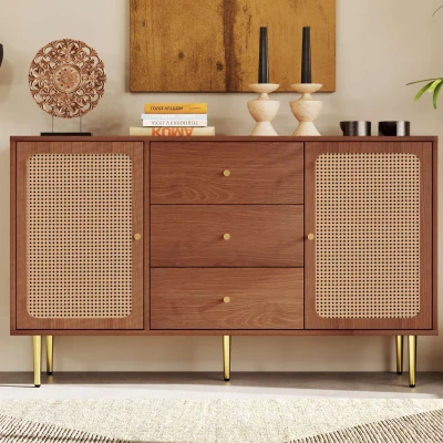 Credenza Moderna con 2 Ante e 3 Cassetti, Colore noce