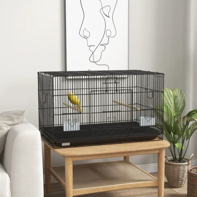 PawHut Gaiola para Pássaros 77x46x45 cm Gaiola de Metal para Pássaros com Bandeja Amovível 2 Poleiros e 2 Comedouros Preto