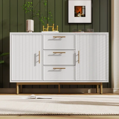 Aparador y Cómoda Elegante con 2 Puertas y 3 Cajones de Diseño Moderno con Tiradores Decorativos Dorados para Sala de Estar y Dormitorio Blanco
