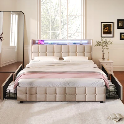 Cama con Cabecero Usb E Iluminación Led 4 Cajones Estructura de Madera Cabecera Acolchada 140x200 cm Beige