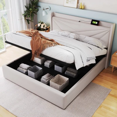 Letto Matrimoniale con Contenitore, 160x200cm, Beige