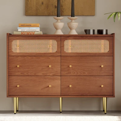 Credenza Moderna Vintage con 6 Cassetti e Dettagli in Rattan, Colore noce