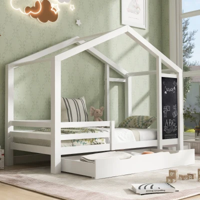 Letto per bambini 6+ anni con Lavagna, Recinzione e Cassetti, 90x200 cm, Bianco