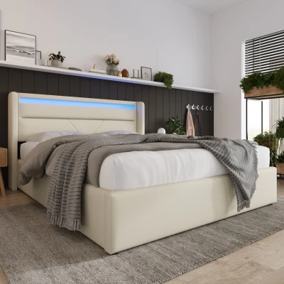 Letto Matrimoniale Contenitore con LED Integrati e Telecomando, Bianco