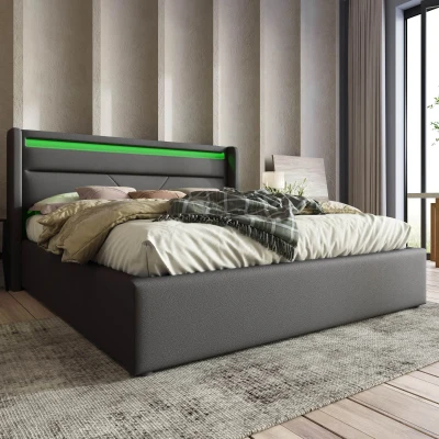 Letto Matrimoniale Contenitore con LED e Telecomando, Grigio