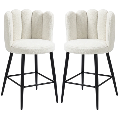 HOMCOM Bar Stools Set of 2, Faux Cashmere Upholstered Breakfast Bar Chairs, Modern Kitchen Stools with Backs, Footrest and Steel Base, Cream