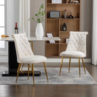 Ensemble de 2 chaises de salle à manger en velours, dossier haut avec dossier à anneaux et pieds en métal doré, Beige