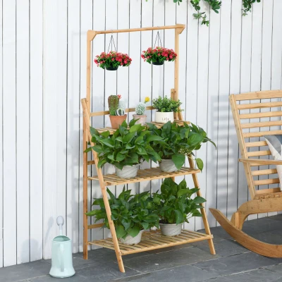 Outsunny Blumentreppe aus Holz Pflanzenständer Leiterregal einstellbare Hängehöhe Blumenständer hängende Bamboo Natur innen draußen 70 x 40 x 143 cm