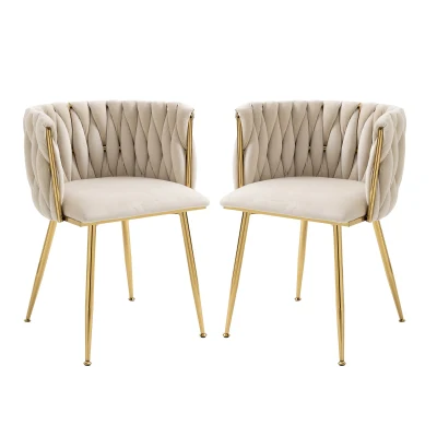 Ensemble de 2 Chaises de Salle à Manger en Velours avec Pieds en Métal Fer, Ivoire