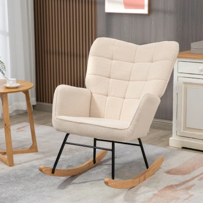 HOMCOM Poltrona a Dondolo Imbottita in Legno e Acciaio Beige